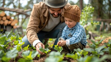 relation concept picture of a father and son growing vegetable together at agriculture farm.