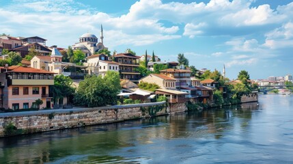 Fototapeta na wymiar beautiful views of the river town and ancient buildings and local homes