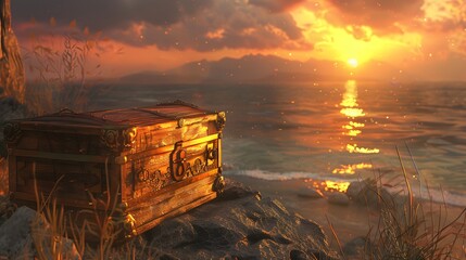 Bathed in the warm hues of sunset, the treasure box reveals its secrets in stunning HD clarity, its aged wood and intricate engravings telling tales of bygone adventures and hidden riches - obrazy, fototapety, plakaty