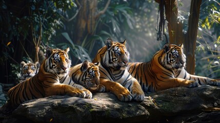A panoramic view of a tiger family resting together in the shade, illustrating the bond and social dynamics within a tiger pride on International Tiger Day.