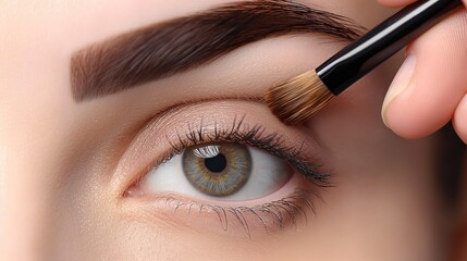 Makeup artist applying eye shadow on eyes of a beautiful young woman.