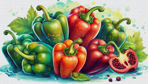 oil painting style CARTOON CHARACTER CUTE Pile of red and green bell peppers for a vegetable theme background, 