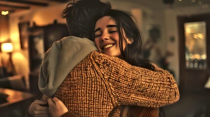 Obraz premium Heartwarming Embrace in Cozy Room, Two People Hugging Tightly, Joyful Reunion, Friendship and Love Captured in Intimate Home Setting. Candid Lifestyle Moment in Warm Tones. AI