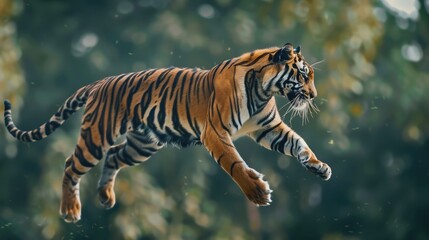 A panoramic view of a tiger leaping gracefully through the air, capturing the agility and power of these magnificent animals on International Tiger Day.