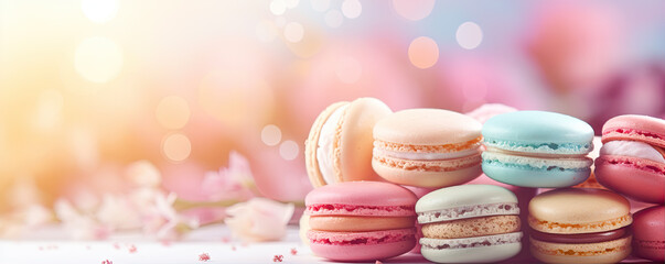 Colorful macarons stacked with a bokeh light effect in the background, representing indulgence and sweetness