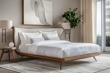 Crisp white linens and a sculptural headboard define the modern luxury bed, its clean lines and understated elegance offering a serene sanctuary amidst the chaos of everyday life - obrazy, fototapety, plakaty