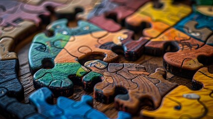 Detailed image of a wooden baby puzzle with animal pieces, showing fine wood grains and vibrant colors on a smooth surface - Powered by Adobe