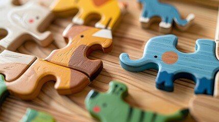 Detailed image of a wooden baby puzzle with animal pieces, showing fine wood grains and vibrant colors on a smooth surface