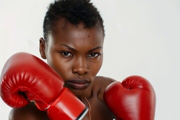 determined african american female boxer in fighting stance white background