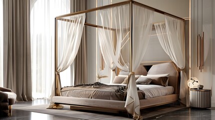 Fototapeta na wymiar Enveloped in a canopy of sheer curtains, the modern luxury bed commands attention with its bold geometric frame and plush velvet upholstery, inviting you to indulge in the lap of contemporary opulence