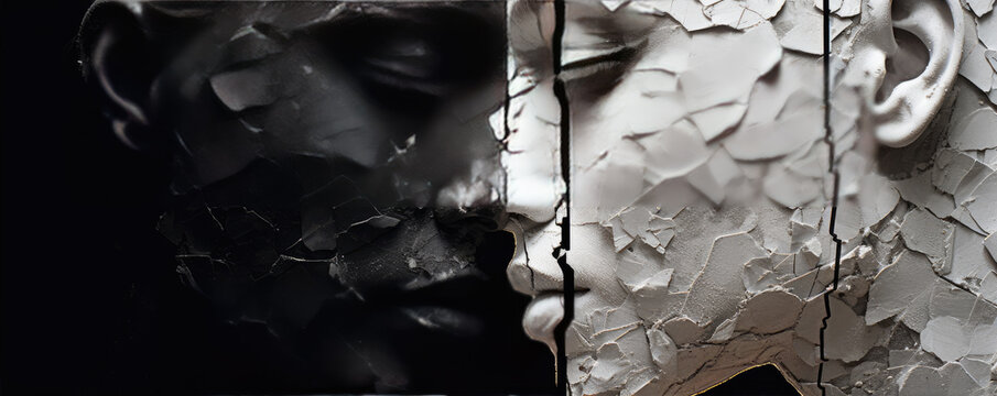 woman heads with an artistic cracked texture style on a black background, suggesting concepts of fragility and complexity.