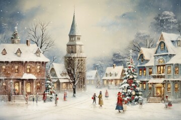 Naklejka premium Snow town christmas outdoors painting.