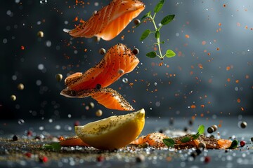 dynamic salmon slices with lemon and spices levitation food photography