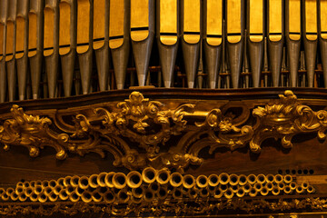 Detail of a pipe organ in the Church of Clérigos (Igreja dos Clérigos) in the City of Porto,...