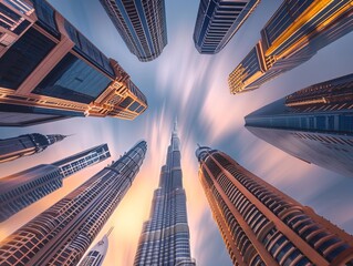 Captured from a dramatic low angle, the towering skyscrapers of Dubai dominate the skyline, their imposing structures reaching towards the heavens. The perspective accentuates their grandeur