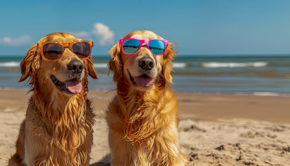 Portrait of two smiling golden retrievers with sunglasses on a sunny day at the beach with blue water