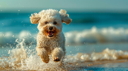 Close-up of a Maltese bichon running on a beach on a sunny day with the sea in the background 