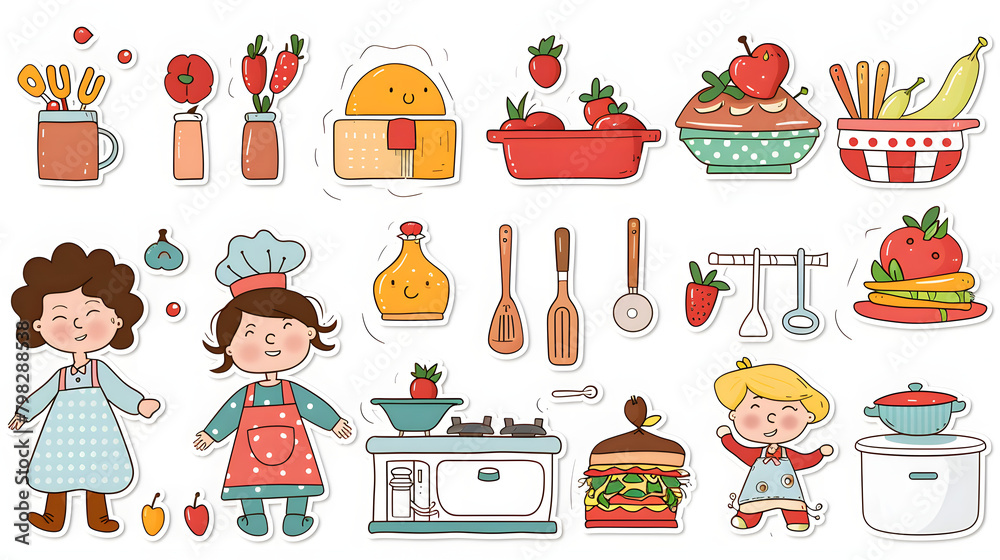 Wall mural simple lines, vector image, illustration, design for kindergarten, kitchen play, sticker pack, white