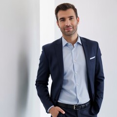 Fototapeta premium Happy elegant business man standing isolated on white background