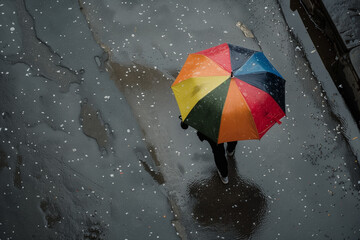 A person walking under a colorful umbrella in a gentle April shower