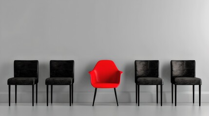 Unique red chair stands out among black chairs against a gray wall. Minimalist style, concept of difference and uniqueness. Perfect for modern interior design themes. AI