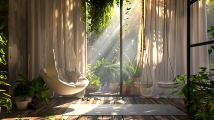 A cozy terrace corner adorned with a sleek swinging chair, surrounded by lush green plants and bathed in warm sunlight filtering through sheer curtains - obrazy, fototapety, plakaty