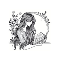 Monochromatic 1920s girl reading chic hair floral circle with vector art