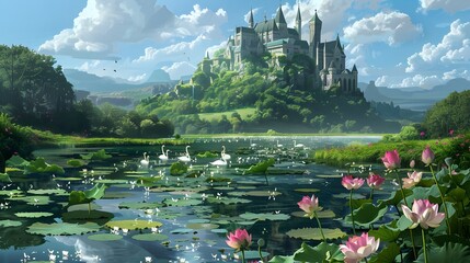 A fairy-tale-like castle perched atop a verdant hilltop, surrounded by a moat filled with blooming...