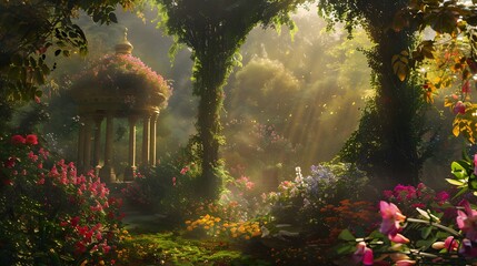 A lush, vibrant garden filled with cascading vines and colorful flowers, with a hidden gazebo bathed in soft, golden light. - obrazy, fototapety, plakaty