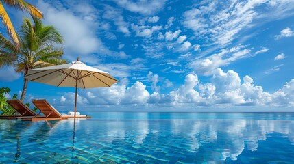 A breathtaking resort landscape featuring a swimming pool under a blue sky with clouds, located in the Maldives. Chairs and loungers under an umbrella amidst palm leaves - obrazy, fototapety, plakaty