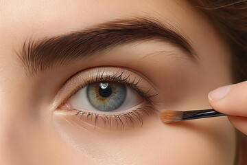 Makeup artist applying eye shadow on eyes of a beautiful young woman.