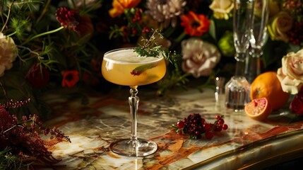 A meticulously crafted cocktail sitting on a polished marble bar, surrounded by gleaming glassware and garnished with exotic fruits and herbs