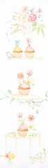 A series of three watercolor paintings of cupcakes and flowers