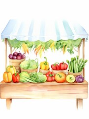 A colorful fruit and vegetable stand with a blue awning