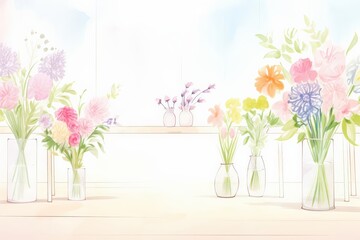 A room with a table full of vases with flowers in them