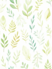 A pattern of green leaves is spread across a white background