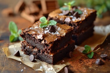 Chocolate brownies with chocolate chips and mint leaves on a light background. Fudge brownie on a Background with Copy Space. 