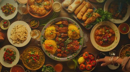 A serene scene of a Parsi family laying out the traditional spread of food for the New Year, with a focus on the colorful array of dishes.
