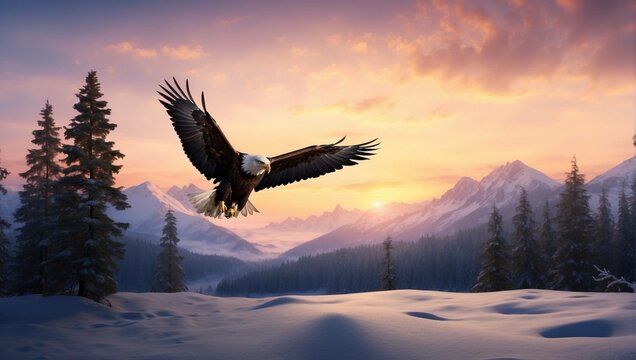 sunset in the mountains, eagle in winter, eagle in the snow