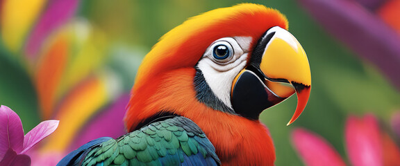 Radiant Jungle Jewel: Colorful Macaw Among Tropical Flowers Generative AI