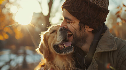 A beautiful man laughing while his pet is licking his face in a sunny day in the park in Madrid, The dog is on its owner between his hand, Family dog outdoor lifestyle