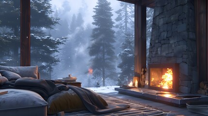 A peaceful mountain retreat engulfed in mist, with a crackling fireplace casting a warm glow on a plush sofa adorned with soft blankets.