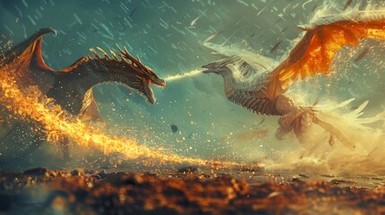 In a desolate wasteland a fierce dragon and a graceful phoenix engage in an epic battle. The dragon breathes jets of scorching fire . .