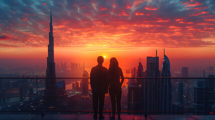 A couple on holidays enjoys the panoramic view over the city skyline of Dubai, UAE, during sunrise