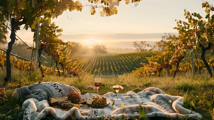 A picturesque vineyard at sunrise, with rows of grapevines stretching into the distance and a cozy...