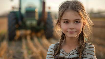 GIRL FARMER WITH TRACTOR IN THE BACKGROUND
