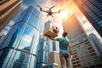 Fototapeta premium Technologies of the future. A delivery drone carries a cardboard box for a person on a rope. A delivery drone flies between modern skyscrapers. The concept of developing the delivery of goods.