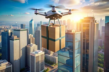 Technologies of the future. A delivery drone carries a cardboard box for a person on a rope. A...