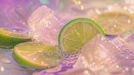 Closeup of limes and ice cubes in sparkling water, with a pink, purple and green background in the style of a light, white, yellow and dreamy style. A light tone combination of purple, pink and gold.  - obrazy, fototapety, plakaty
