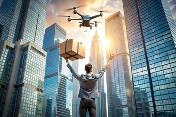 Technologies of the future. A delivery drone carries a cardboard box for a person on a rope. A delivery drone flies between modern skyscrapers. The concept of developing the delivery of goods.